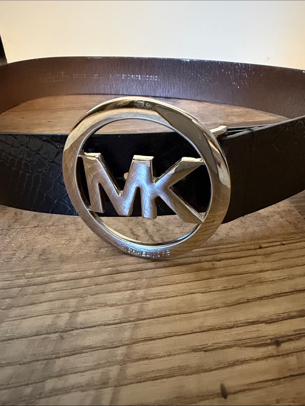 Michael Kors Black Croc-Embossed Belt with Silver MK Logo Buckle